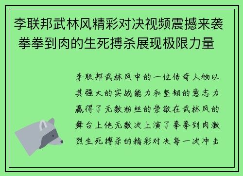 李联邦武林风精彩对决视频震撼来袭 拳拳到肉的生死搏杀展现极限力量