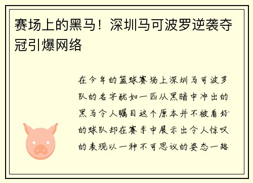赛场上的黑马！深圳马可波罗逆袭夺冠引爆网络