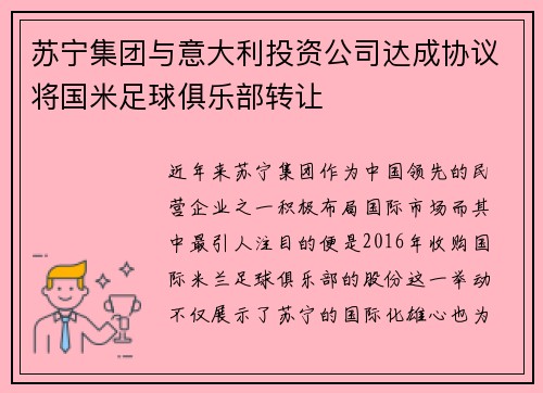 苏宁集团与意大利投资公司达成协议将国米足球俱乐部转让